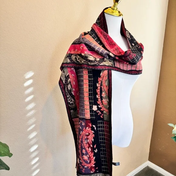 100% Cashmere Scarf Vibrant Tapestry Patchwork Artsy – Rectangular 78” x 12” - Picture 12 of 16